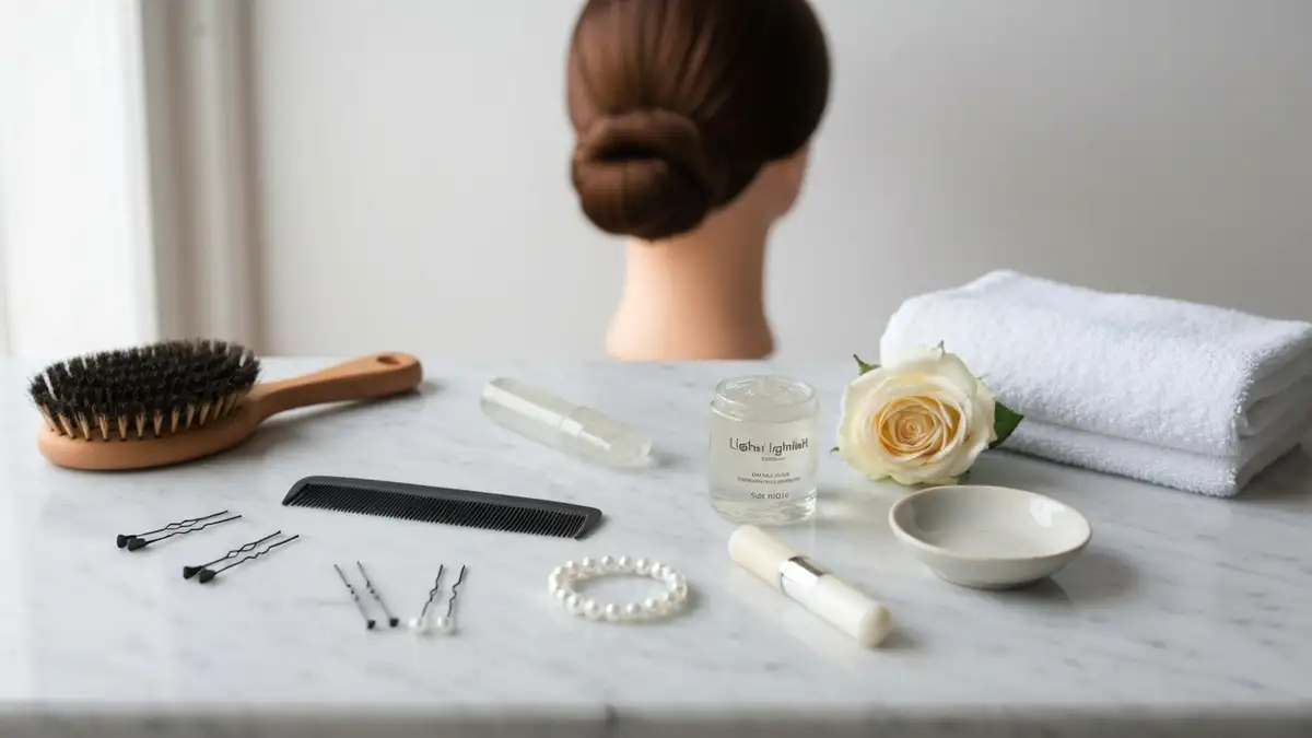 Kosmetyki i akcesoria do gładkiego koka clean girl hair na marmurowej toaletce