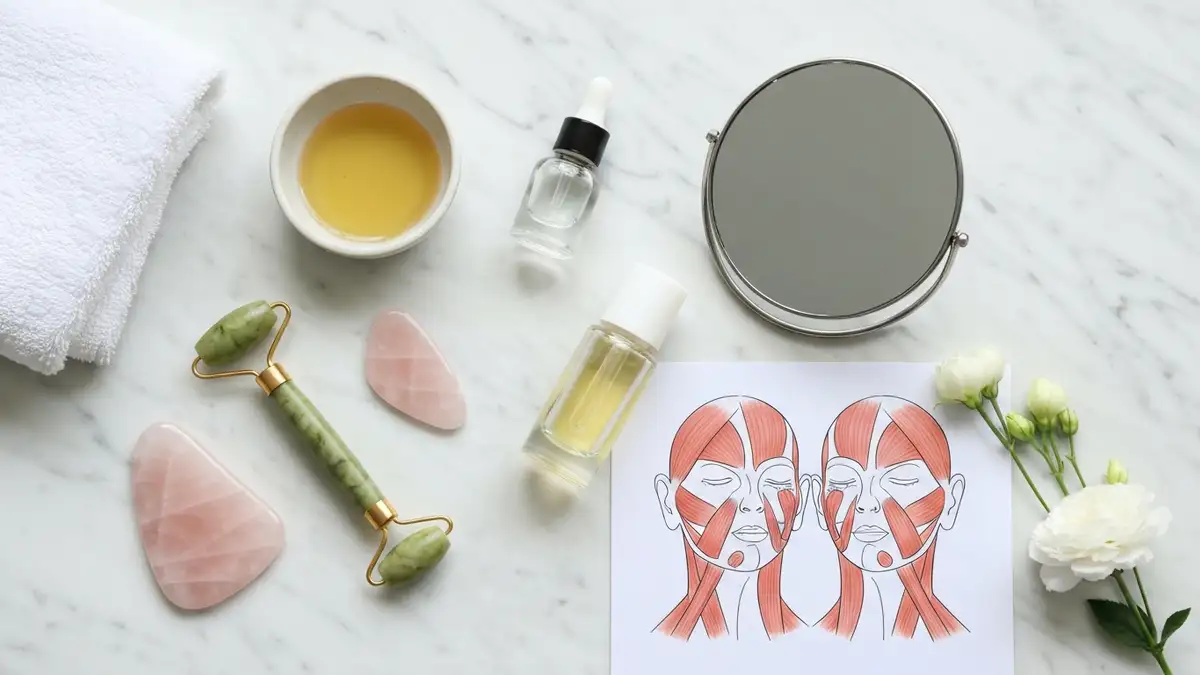 Akcesoria do yogi twarzy na marmurowej toaletce z rollerem, gua sha i serum
